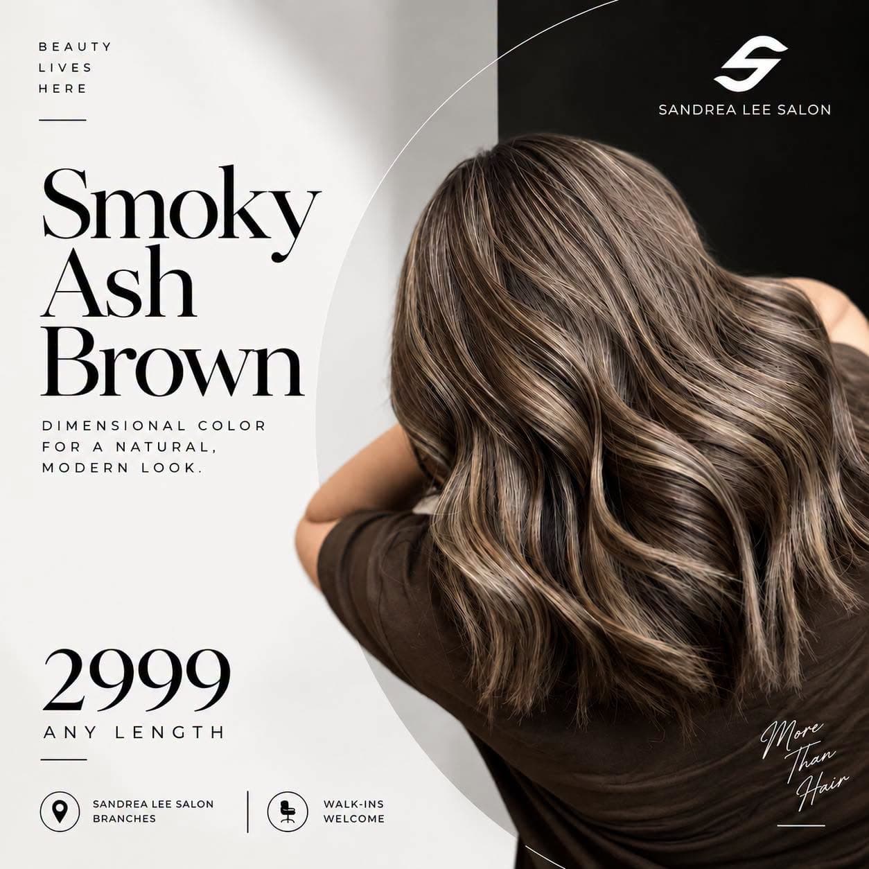 Smoky Ash Brown promotion: dimensional color for a natural, modern look. 2999, any length.