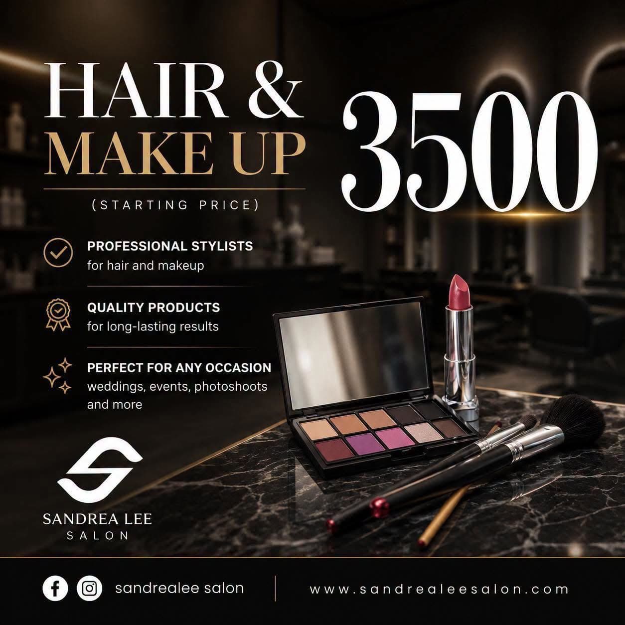 Hair and make up, starting price 3500. Professional stylists, quality products, for weddings, events, photoshoots and more.