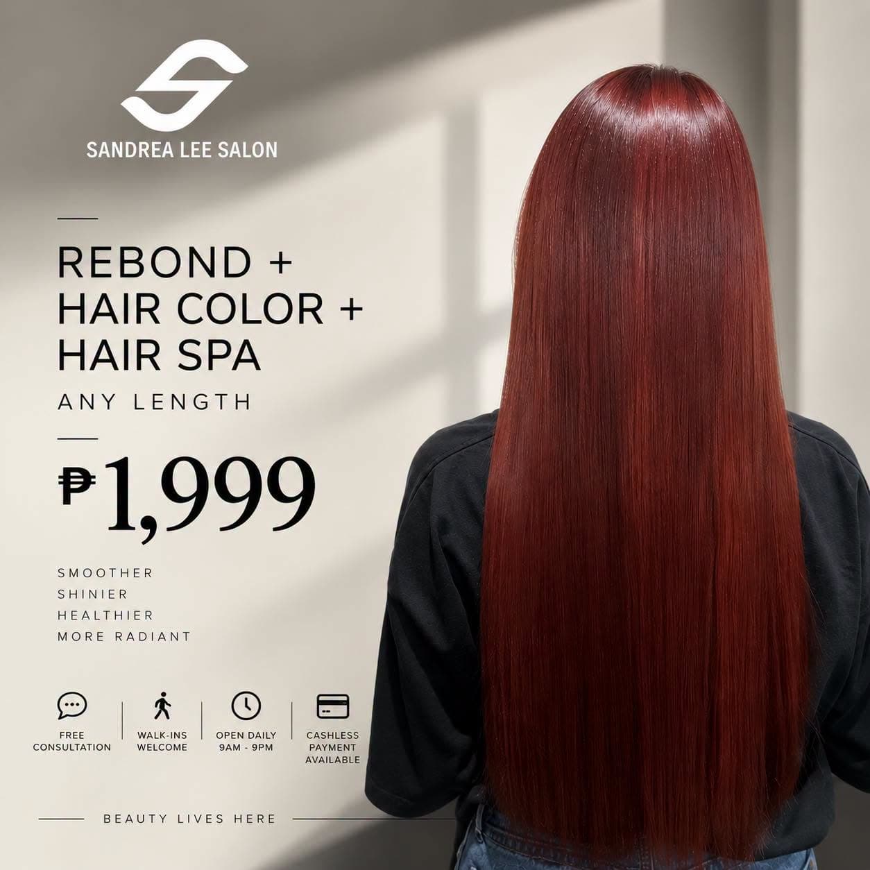 Rebond plus hair color plus hair spa, any length, ₱1,999.